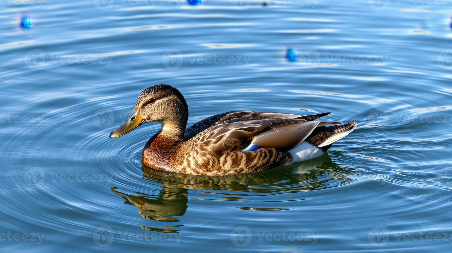 Duck swimming gracefully in calm water during bright daylight near a tranquil lake photo