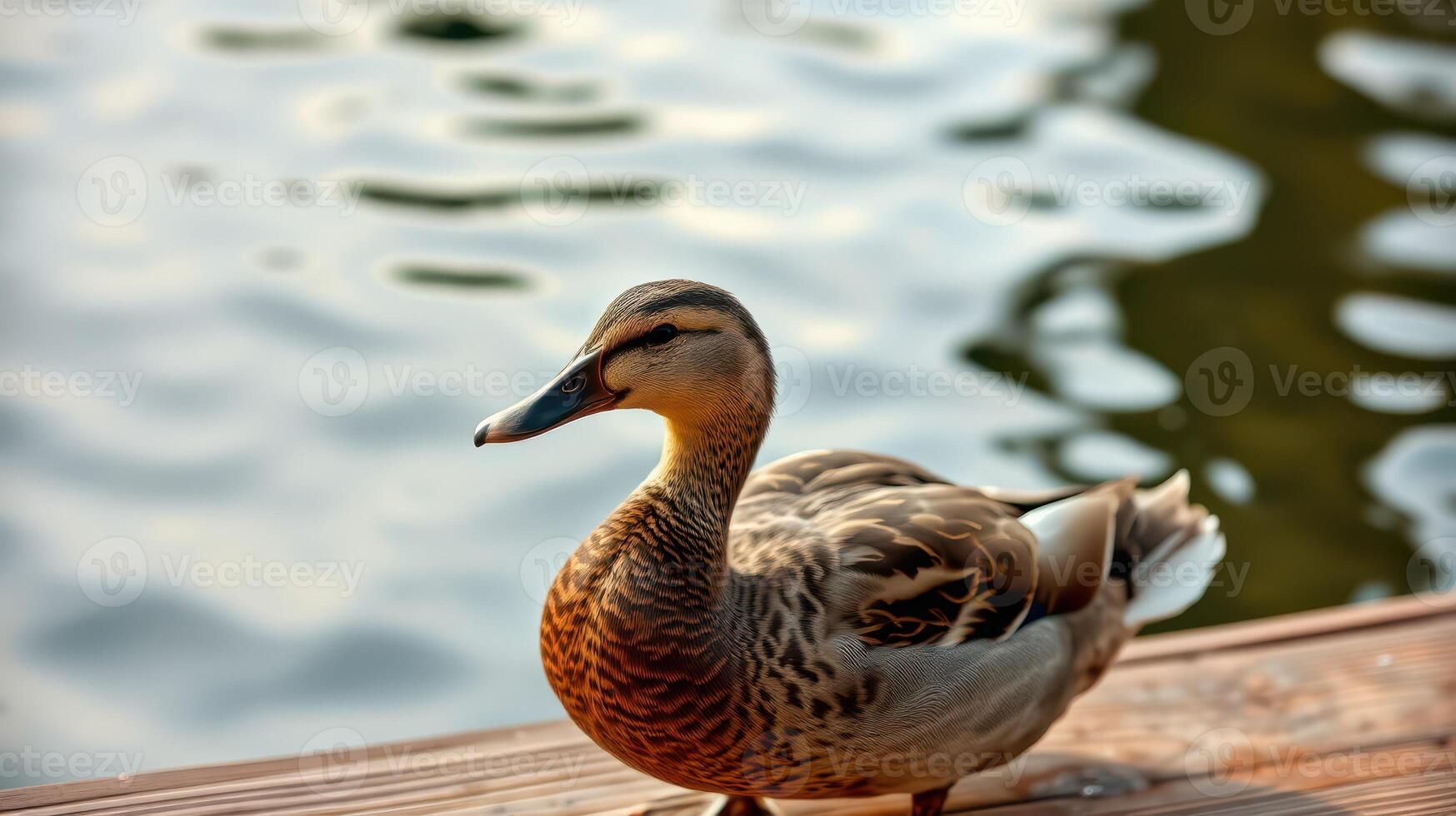 Duck standing by a serene water surface in a calm lakeside setting during golden hour photo