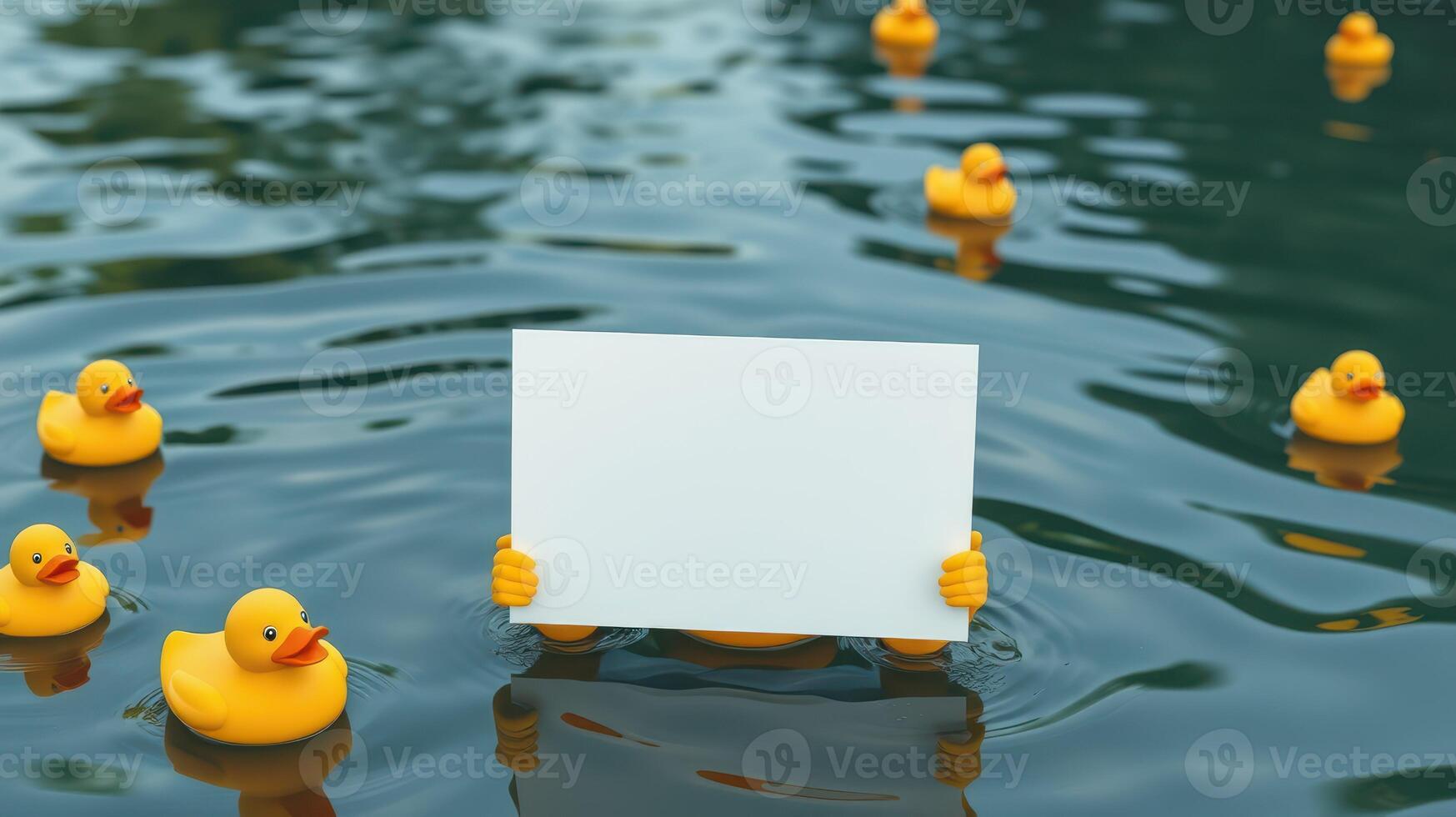 Floating rubber ducks in a tranquil pond with hands holding a blank sign photo