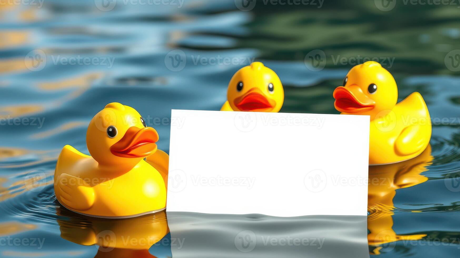 Three yellow rubber ducks floating together on a calm body of water with a blank card in the center photo