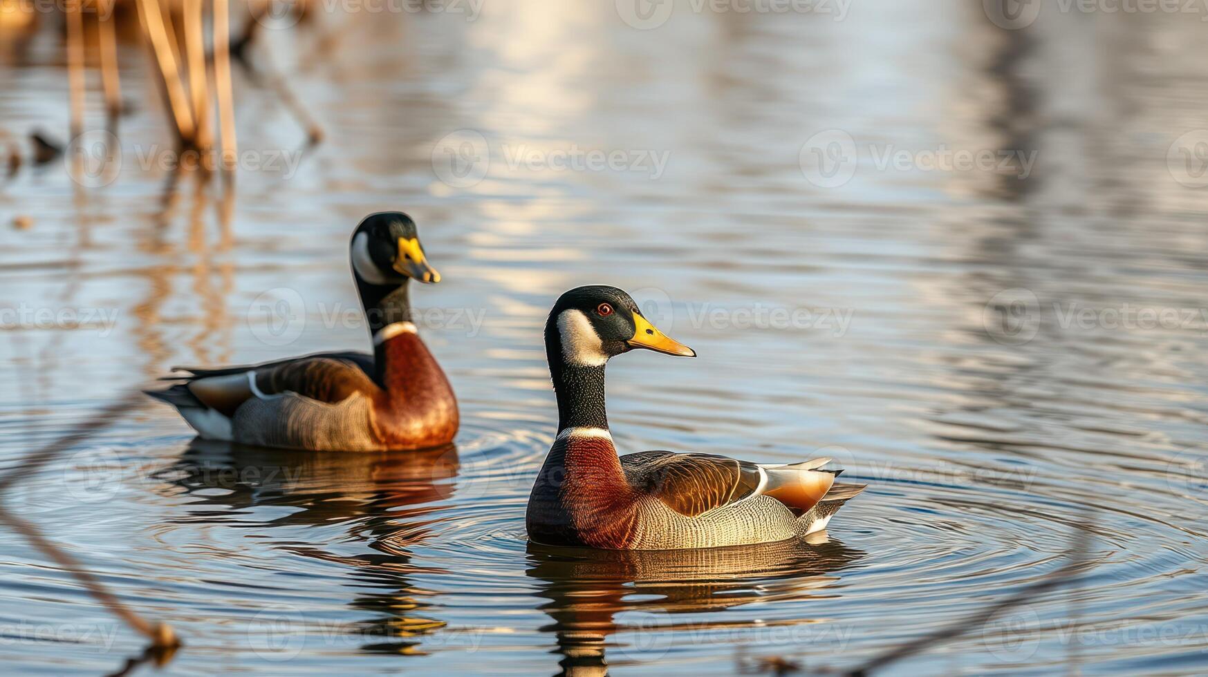 Two ducks swimming peacefully in a serene lake during golden hour light photo