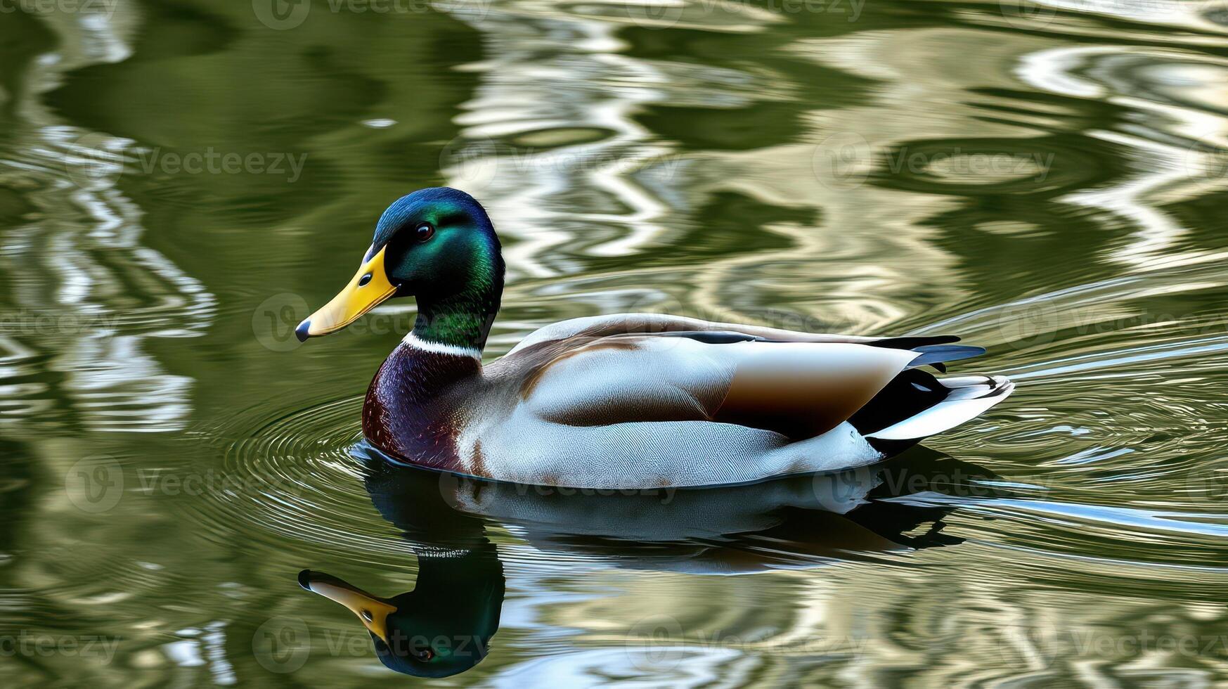 Mallard duck swimming gracefully on a tranquil lake with shimmering reflections at sunset photo