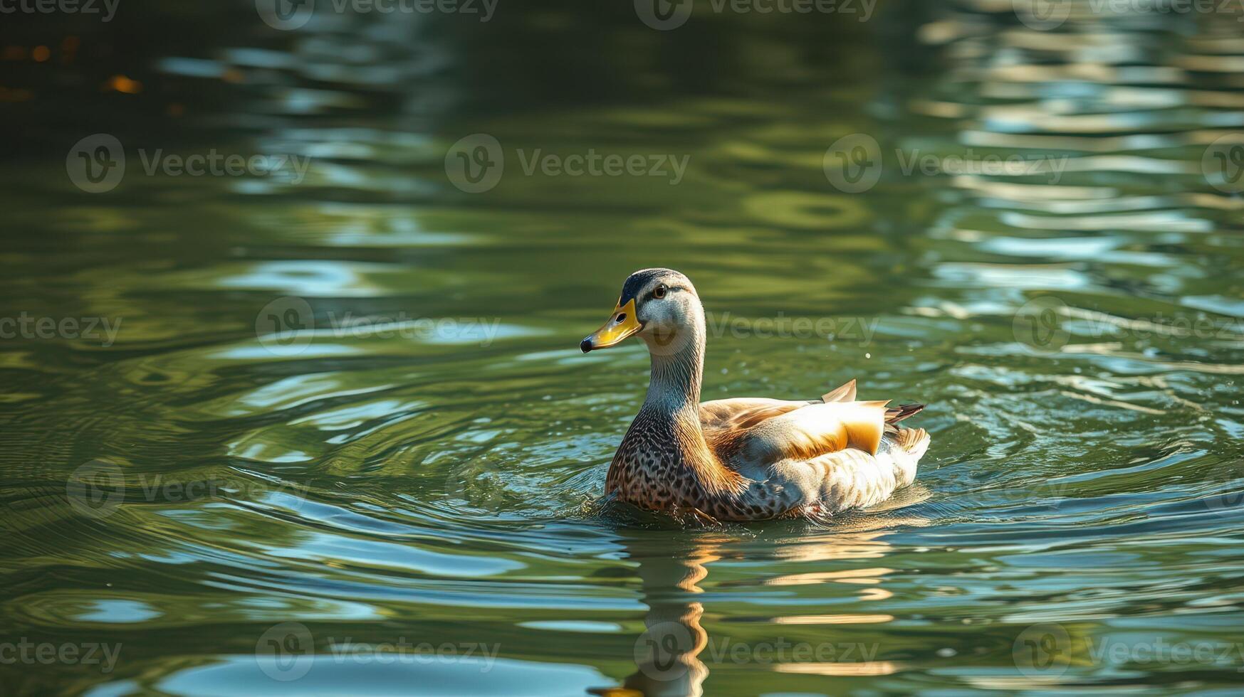 Duck gracefully swimming in a serene pond surrounded by rippling water at golden hour photo