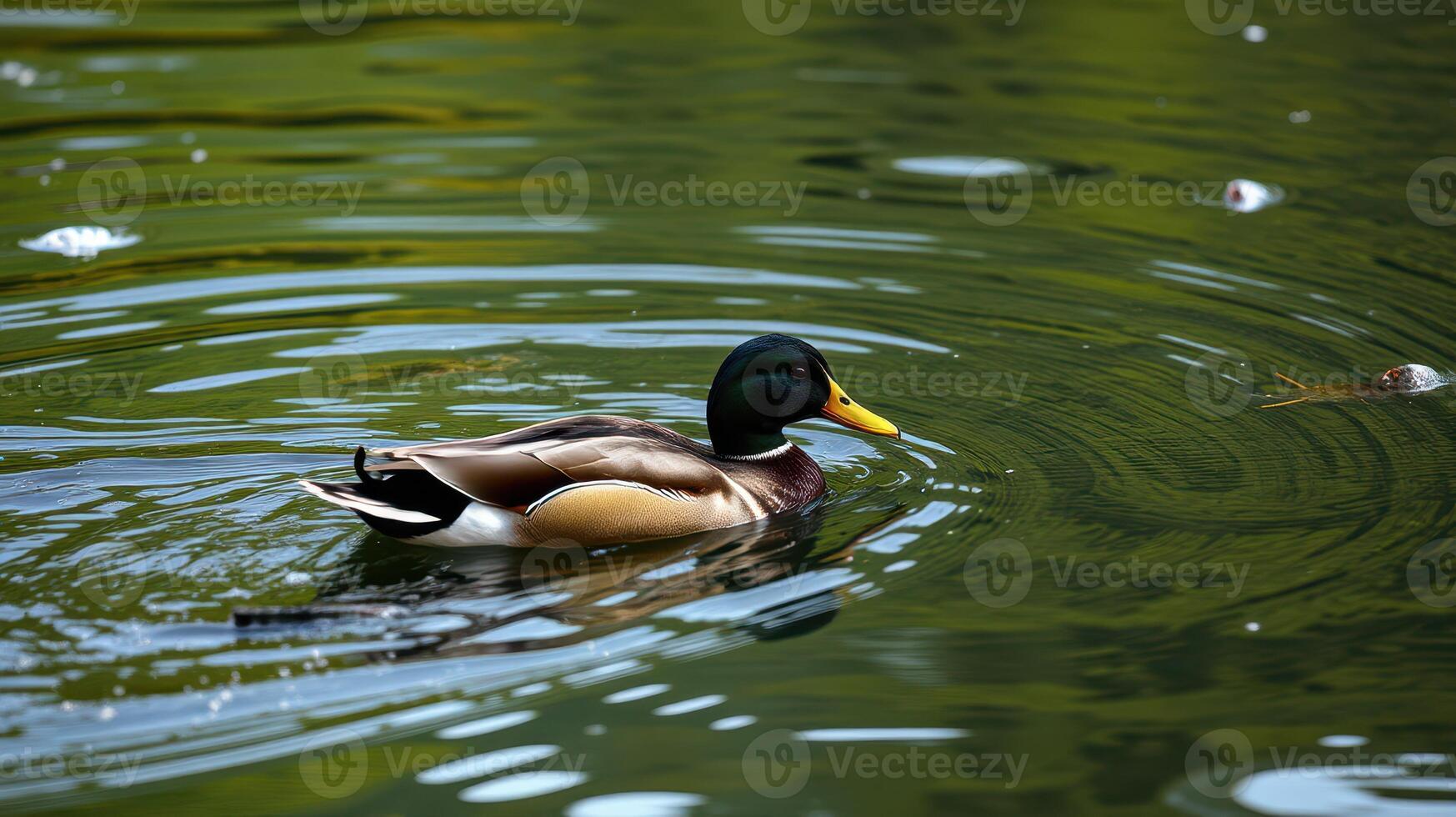 Duck swims gracefully in the tranquil pond surrounded by lush greenery during a sunny afternoon photo