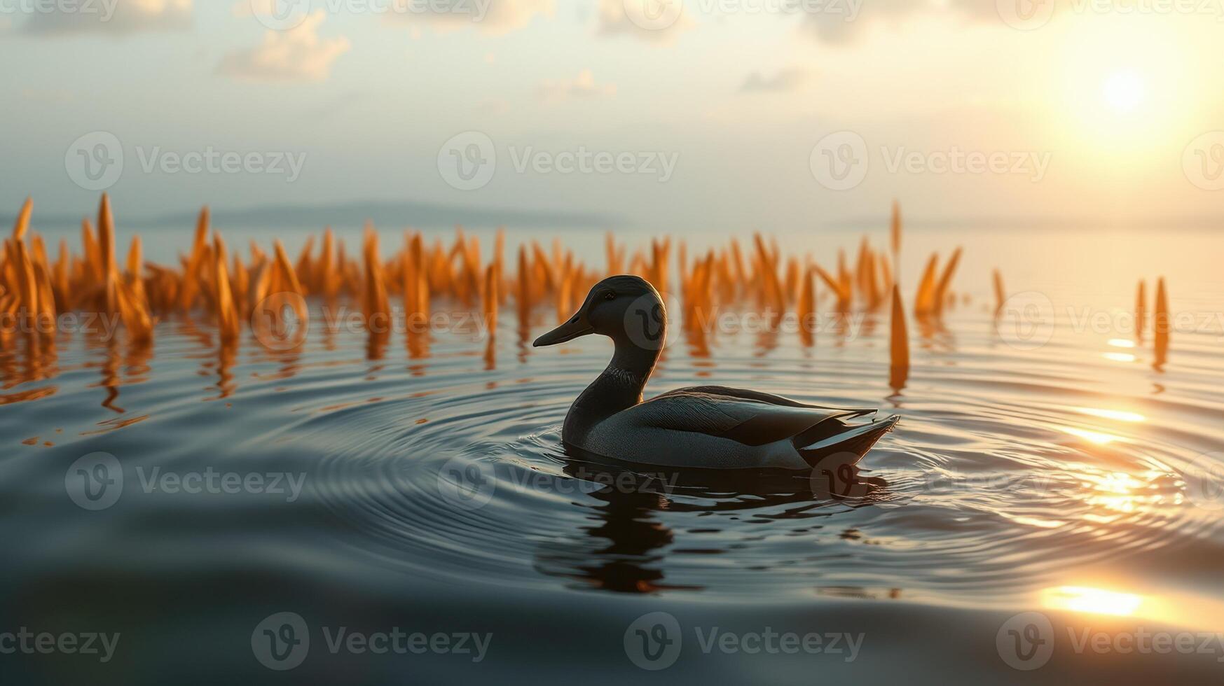 Duck swimming peacefully in calm waters at sunset near a grassy shoreline reflecting warm colors photo