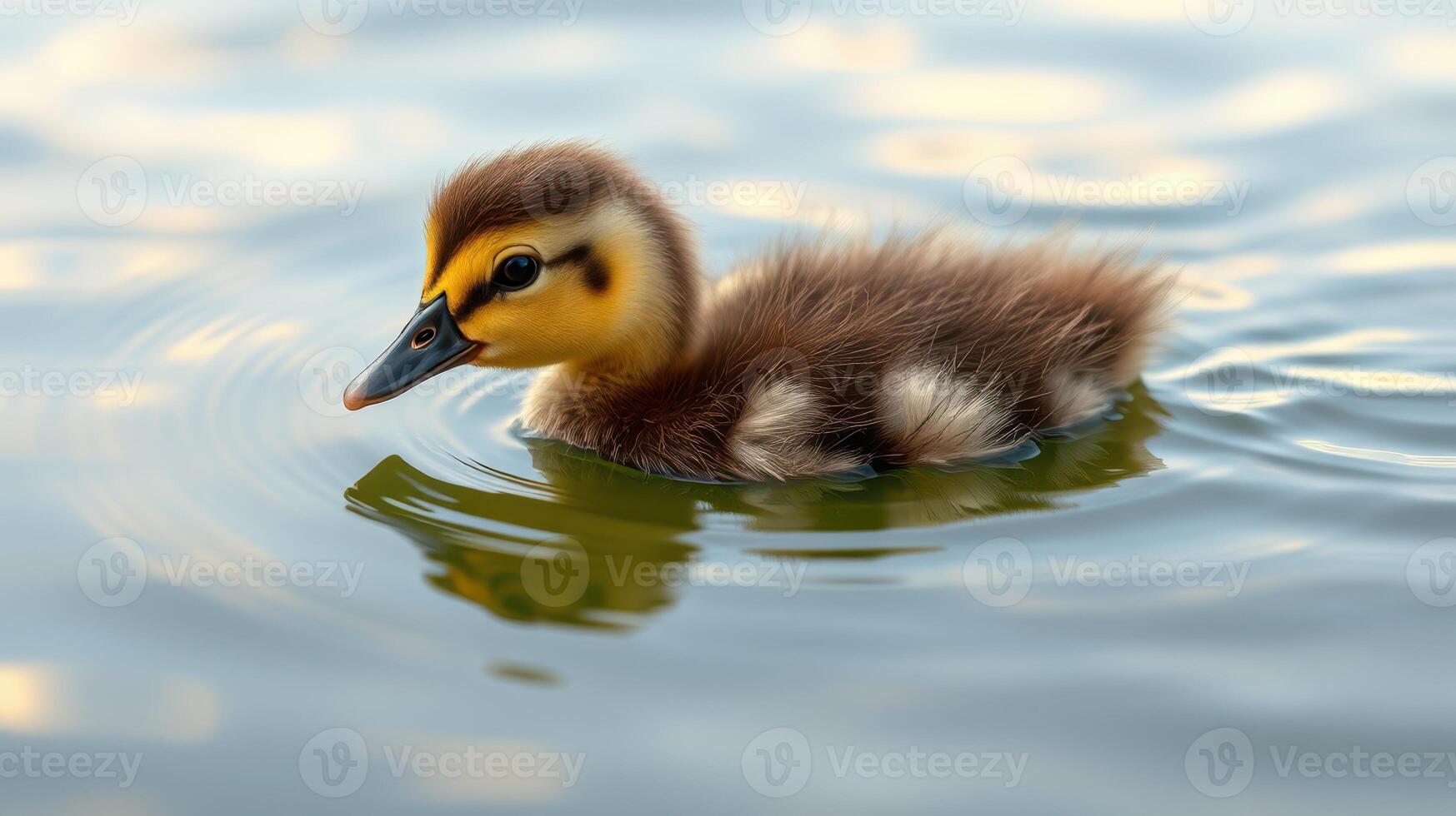 Duckling swims gracefully in tranquil water during a sunny afternoon photo