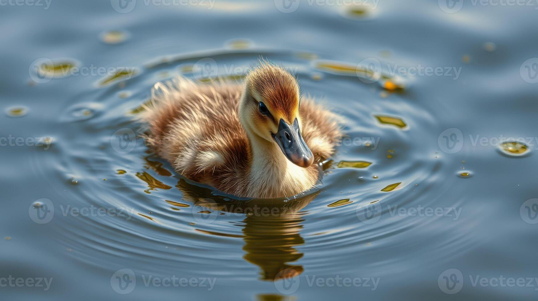 Cute duckling swims peacefully in a serene pond during a sunny afternoon photo