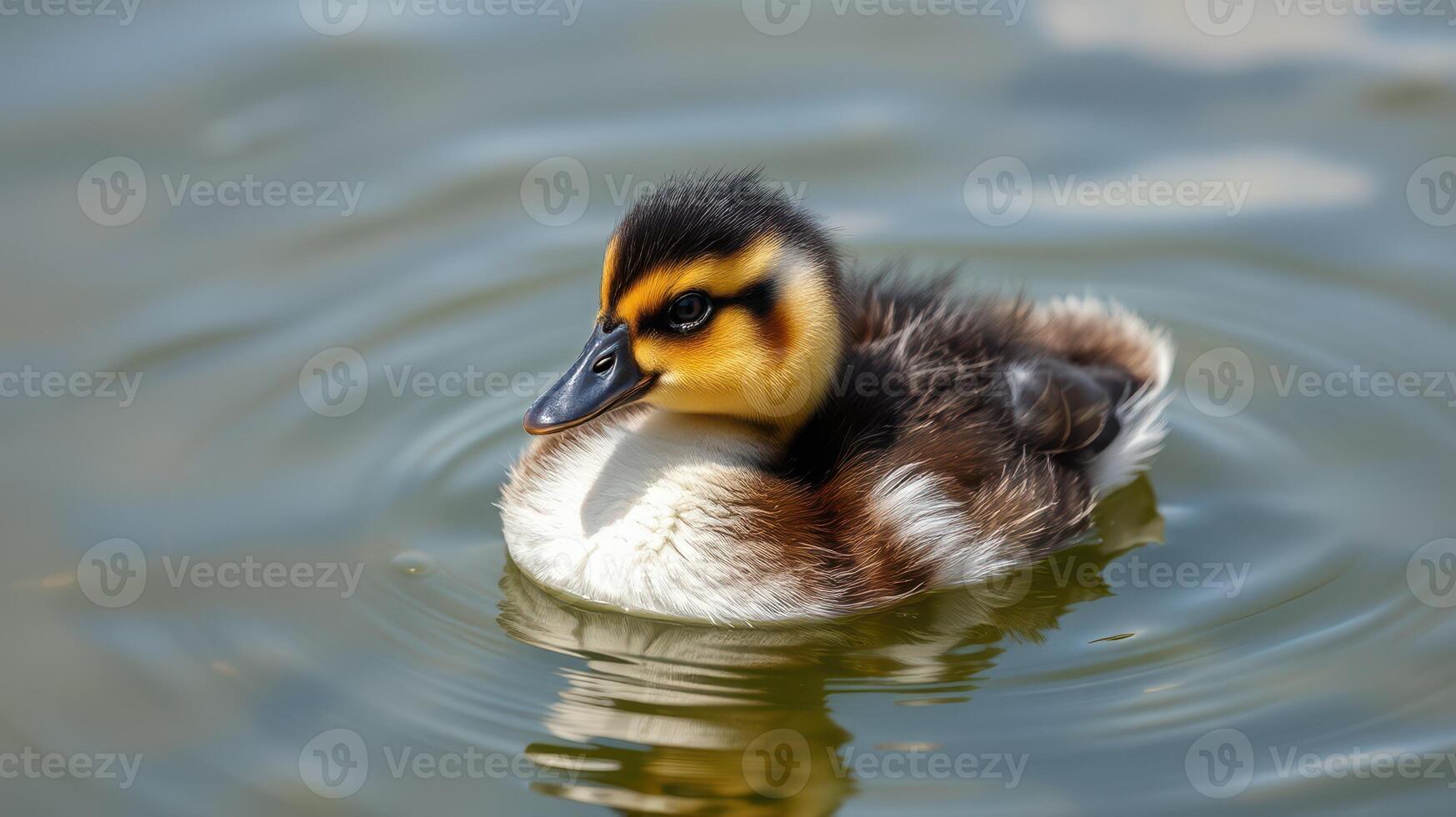 Duckling swims gracefully in a serene pond surrounded by gentle ripples during a sunny day in springtime photo