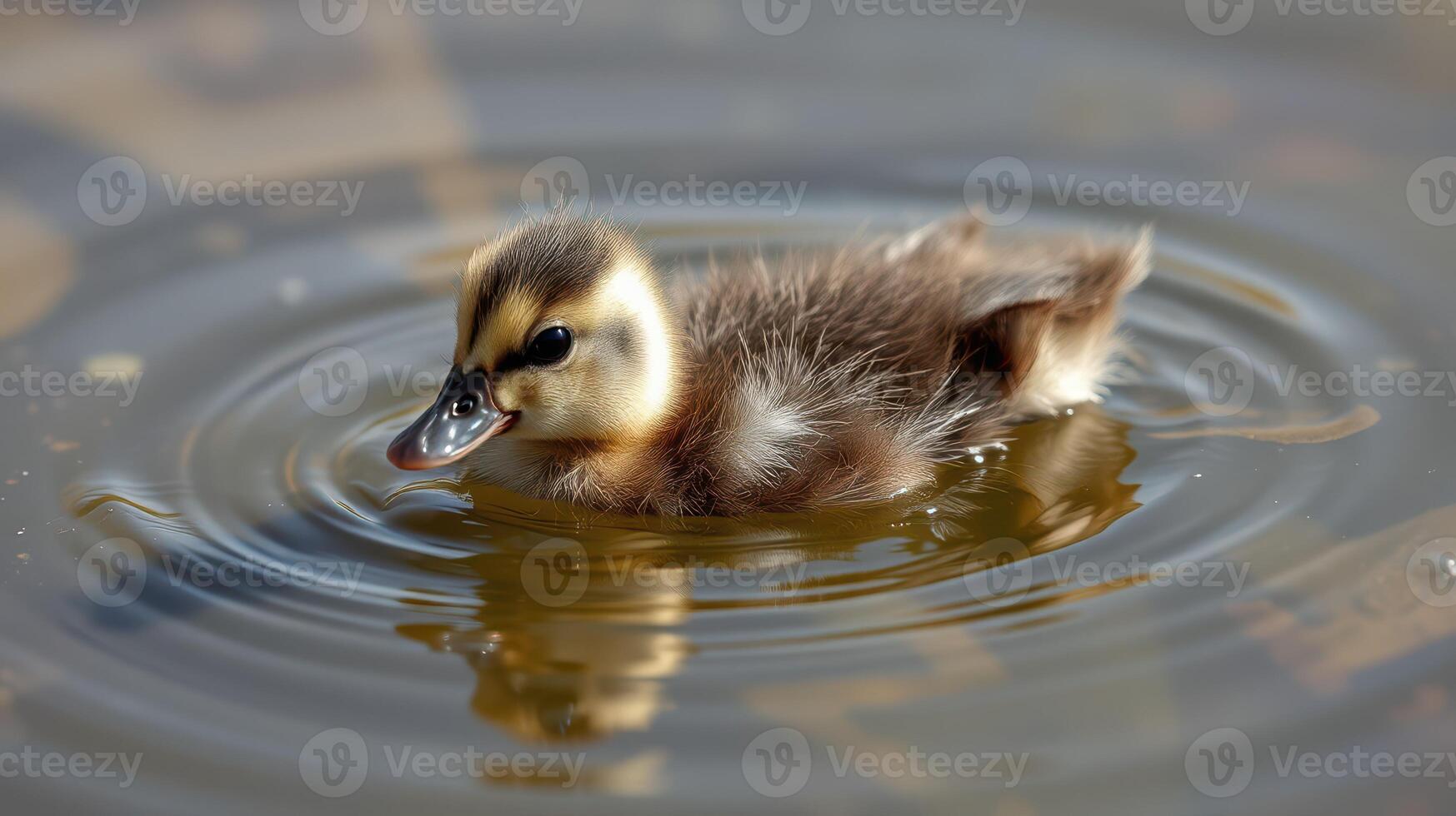 Duckling swims peacefully in a pond with gentle ripples at midday in a serene outdoor setting photo