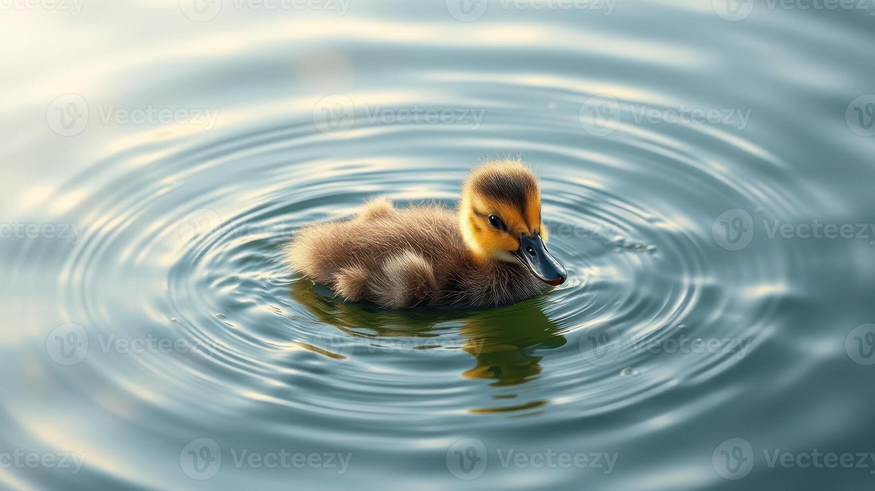 Cute duckling swims in calm water creating ripples during a sunny afternoon at a tranquil pond photo