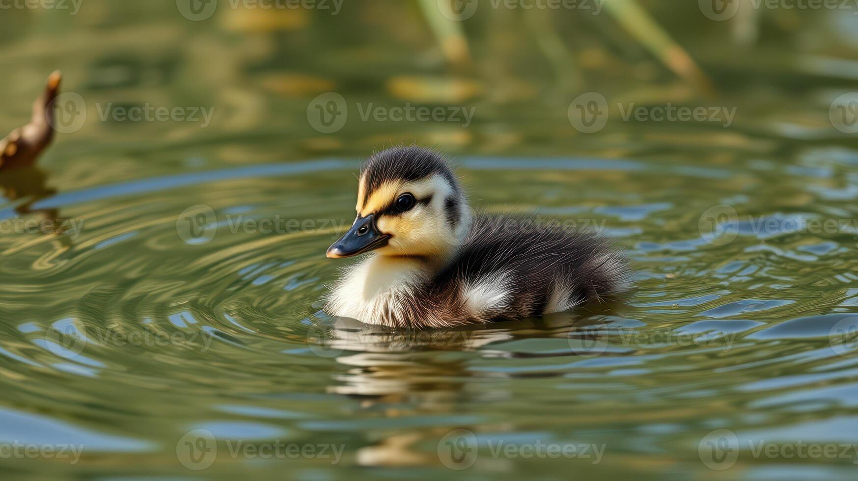 Cute duckling swims in calm water surrounded by nature on a sunny day in early spring photo
