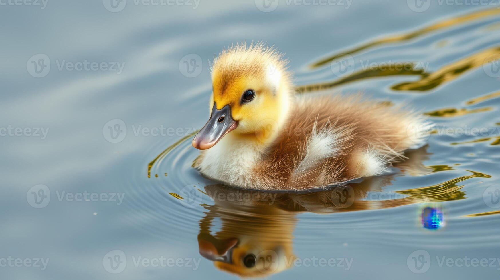 Cute duckling swimming peacefully on a calm lake during a sunny day in springtime photo