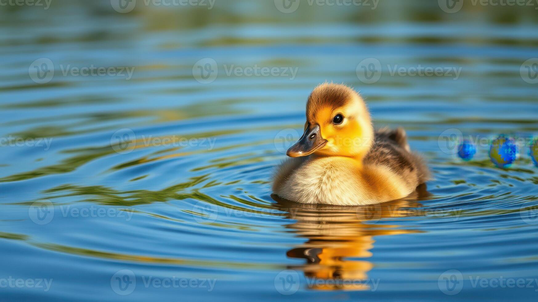 Duckling swimming in a serene pond surrounded by gentle ripples during a sunny afternoon photo