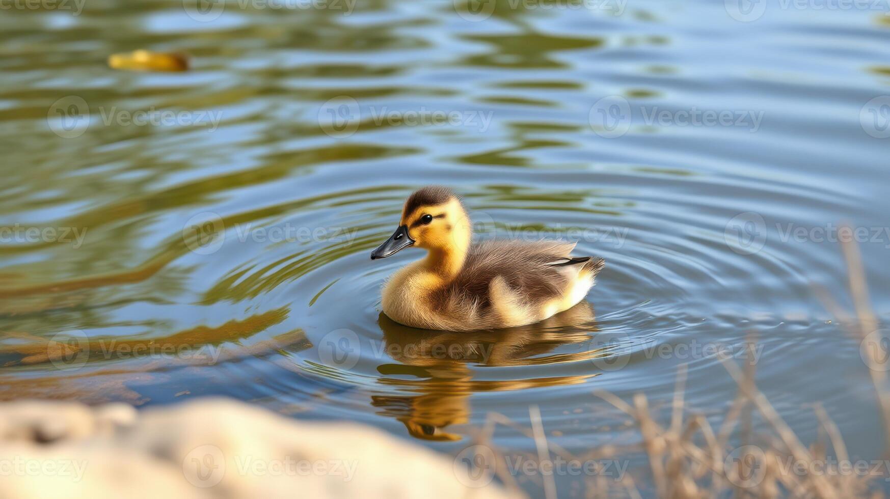 Duckling swims calmly in a serene pond surrounded by gentle ripples and natural scenery photo