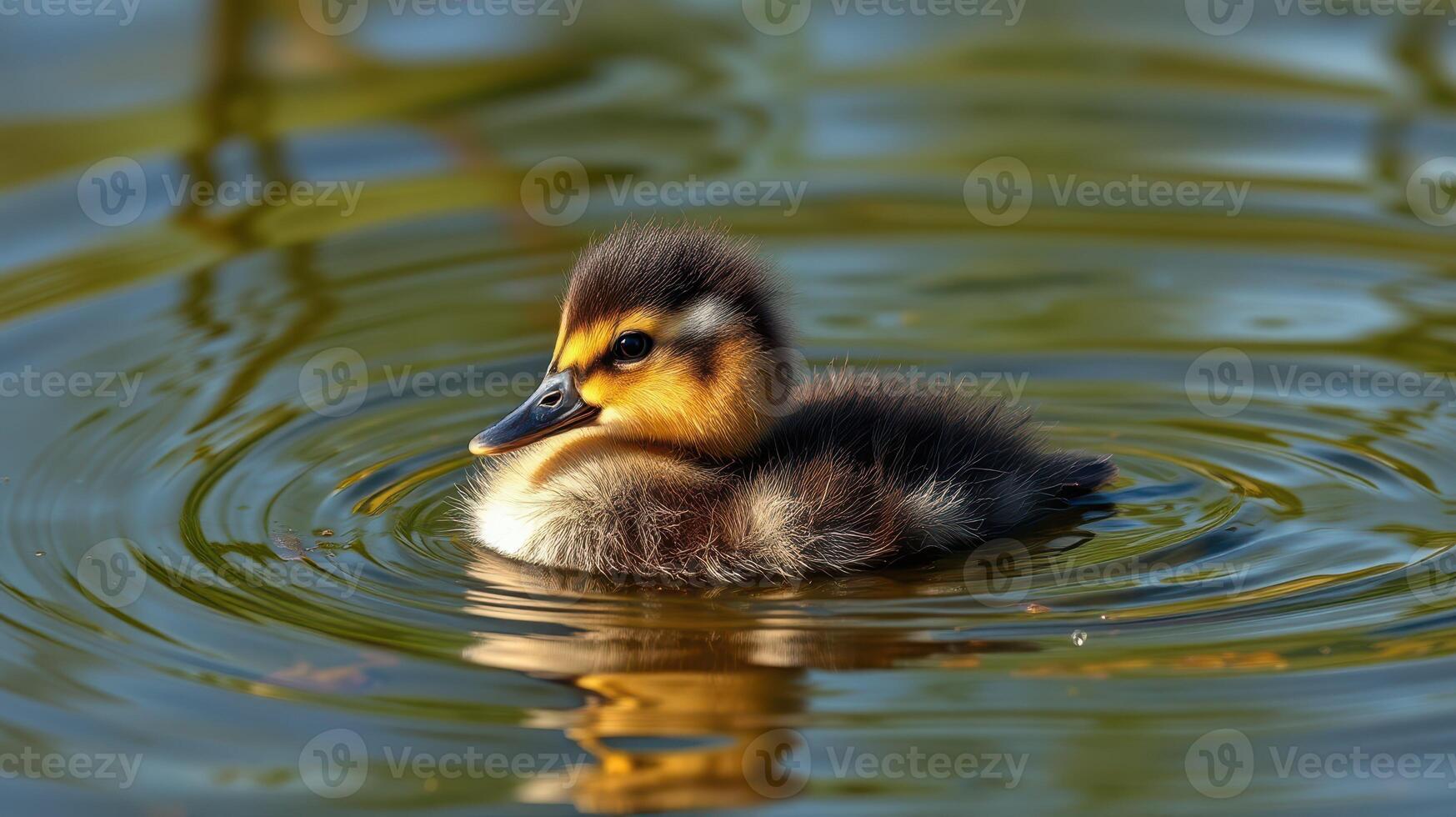 Duckling gliding peacefully on a serene pond during a sunny afternoon photo