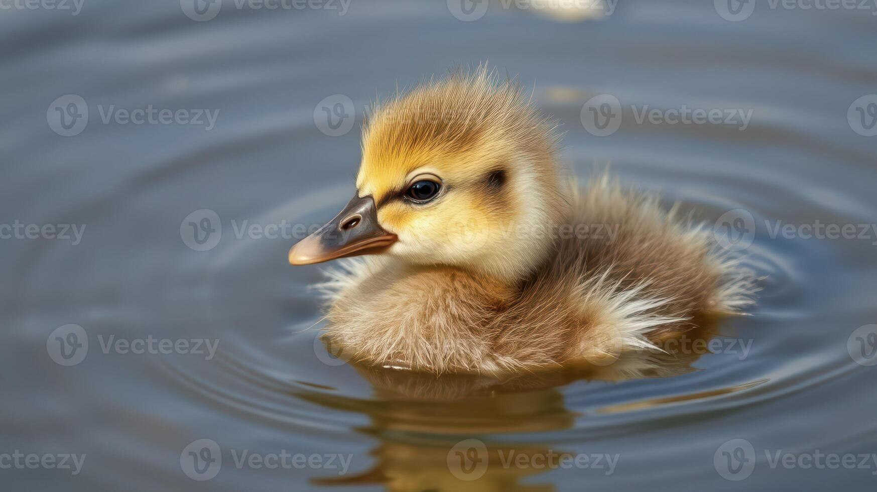 Cute duckling paddles in calm water during a sunny day in a natural pond photo