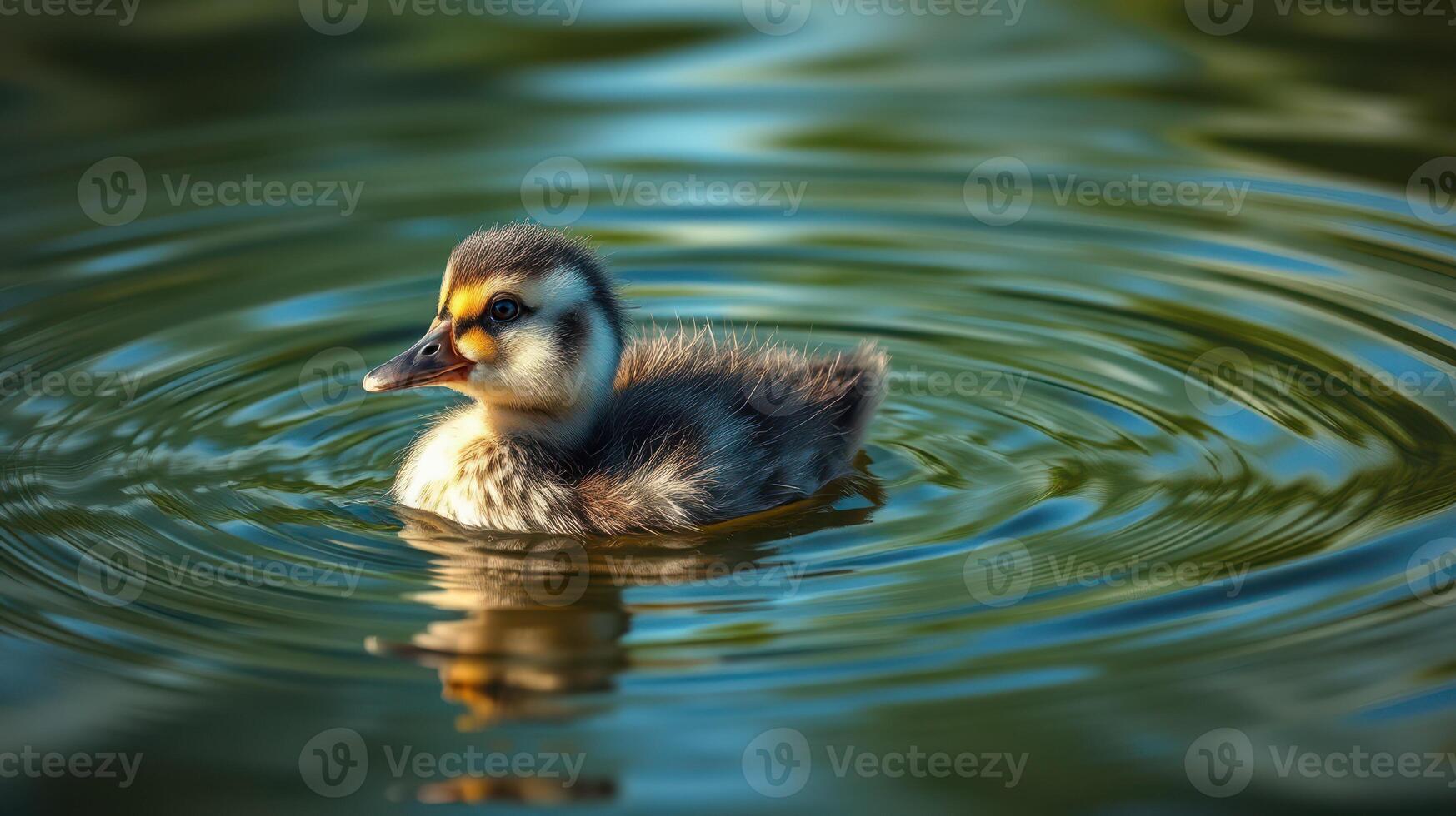 Cute duckling swims gracefully in a serene pond surrounded by gentle ripples at midday photo