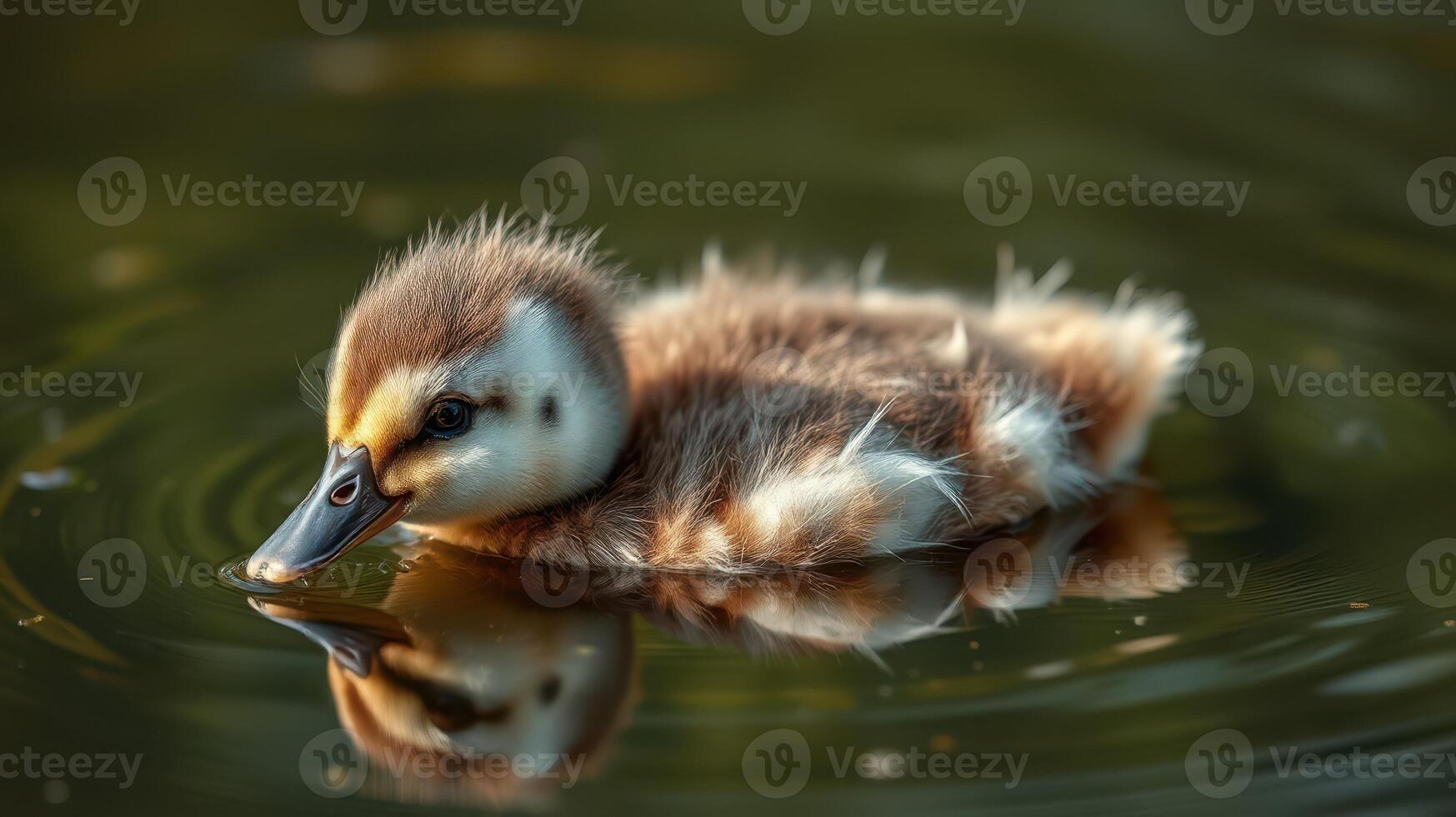 Duckling swims peacefully on a tranquil pond surrounded by greenery in the early morning light photo