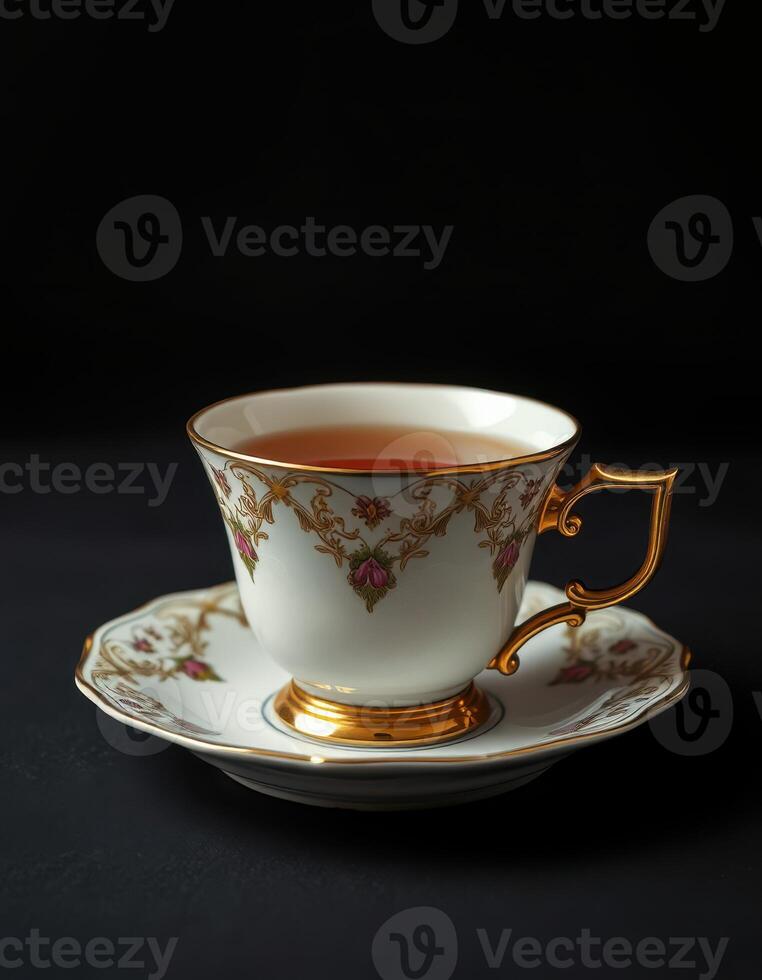Elegant tea cup with gold detailing contains steaming beverage on a dark surface photo