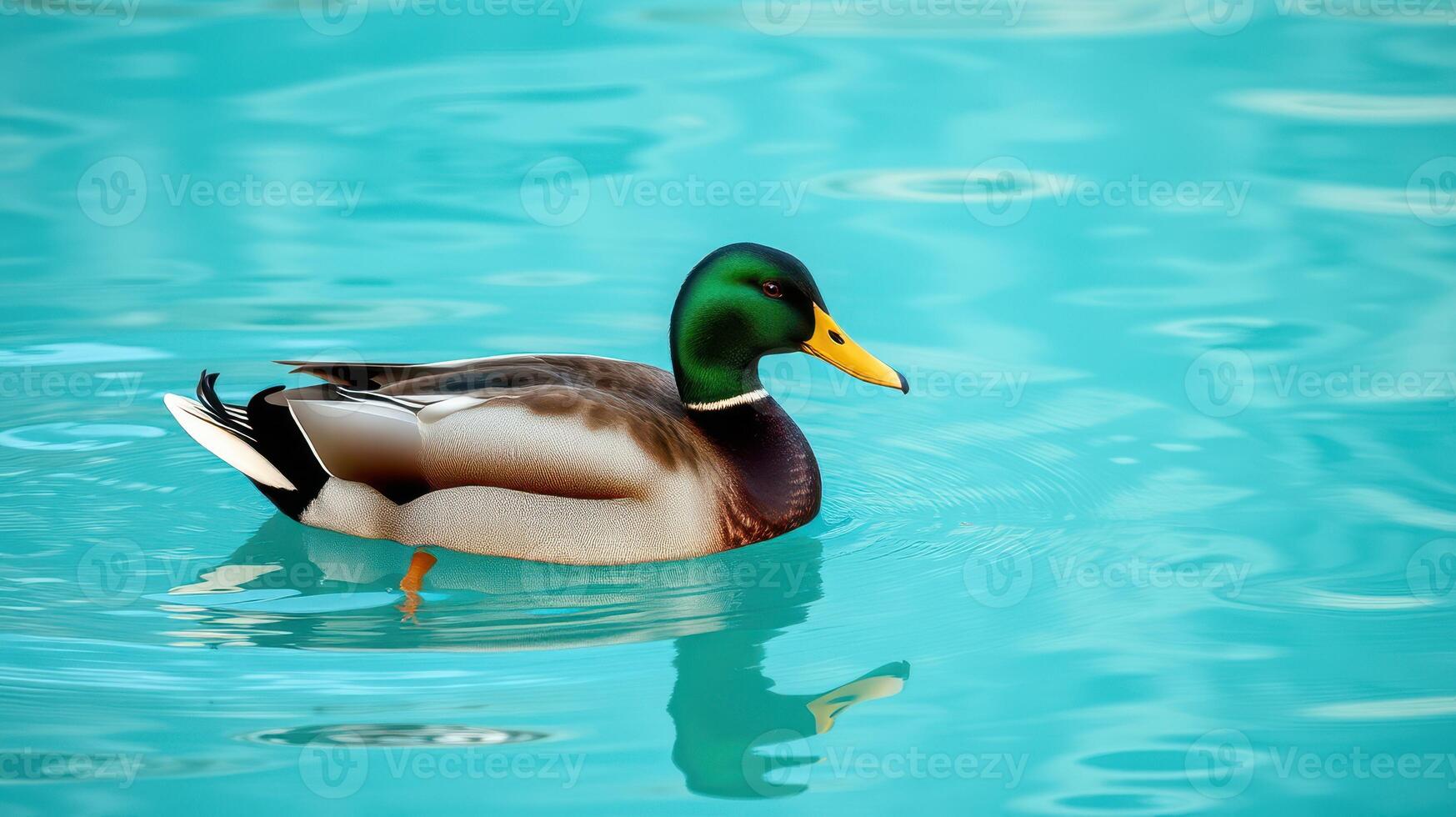 Mallard duck swimming in vibrant turquoise water on a sunny day at the park photo