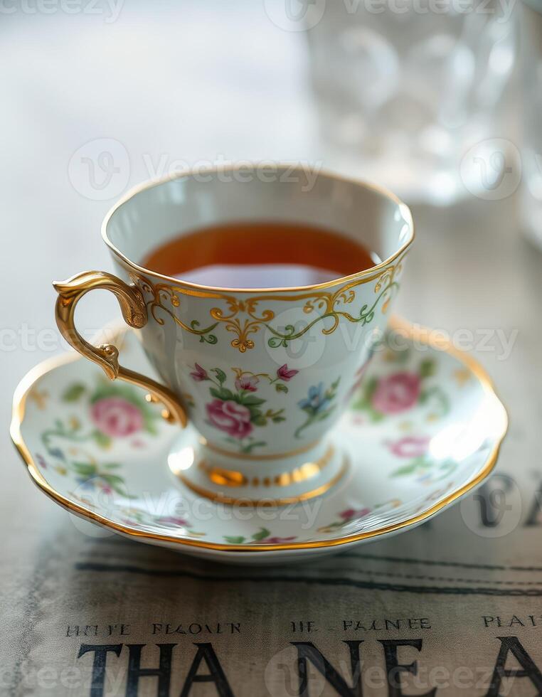 Delicate porcelain cup filled with tea on a vintage newspaper background showcasing intricate floral designs photo