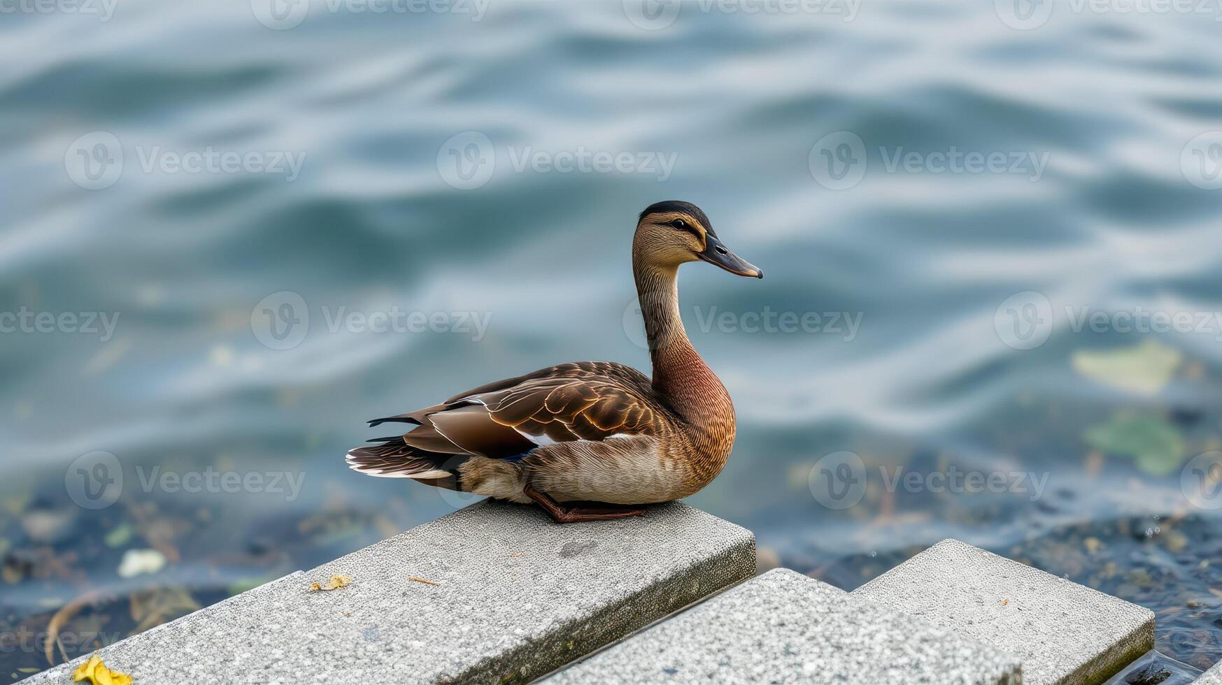 Duck resting on stone steps by the water's edge during a calm afternoon photo