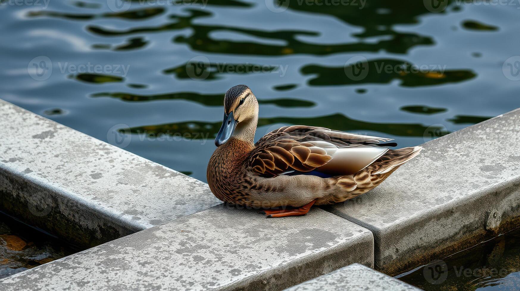 Duck resting on stone near calm water with reflections during daylight hours photo