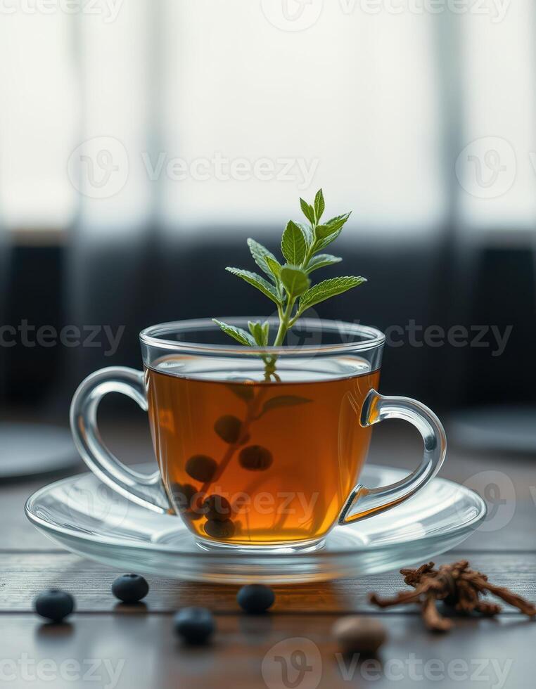 Herbal tea with mint and berries served in a glass cup on a wooden table in a cozy indoor setting photo