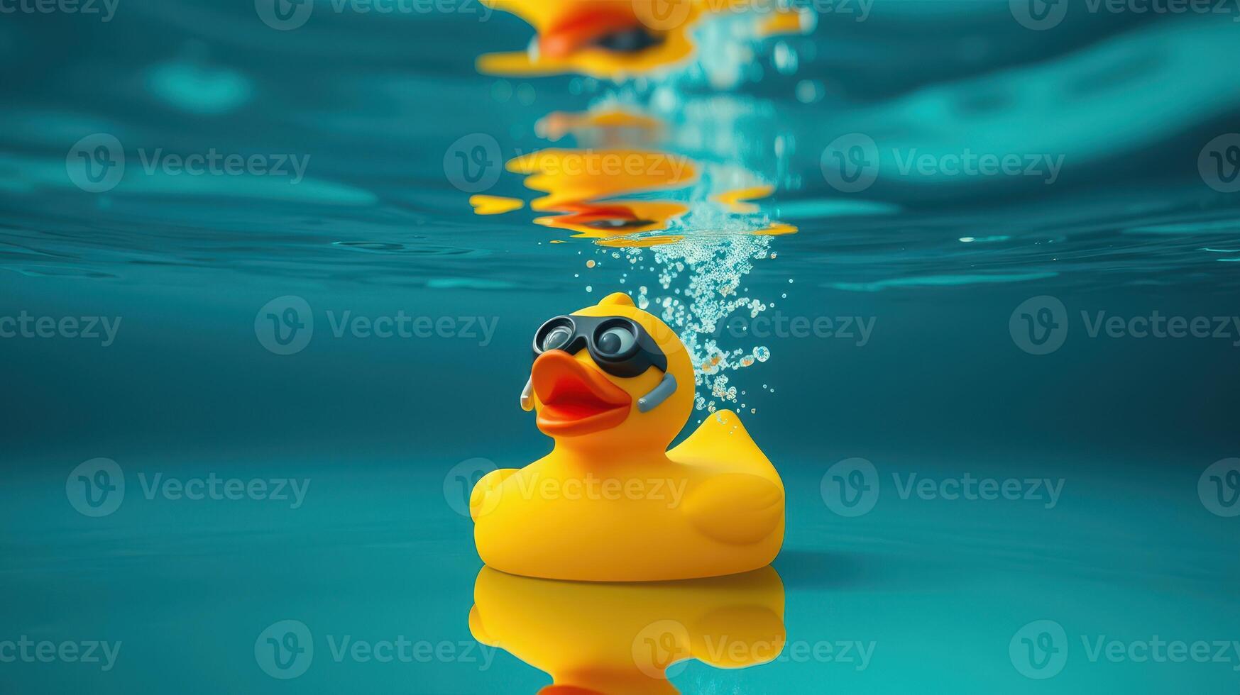 Colorful rubber duck swims in clear water creating bubbles on a sunny day photo