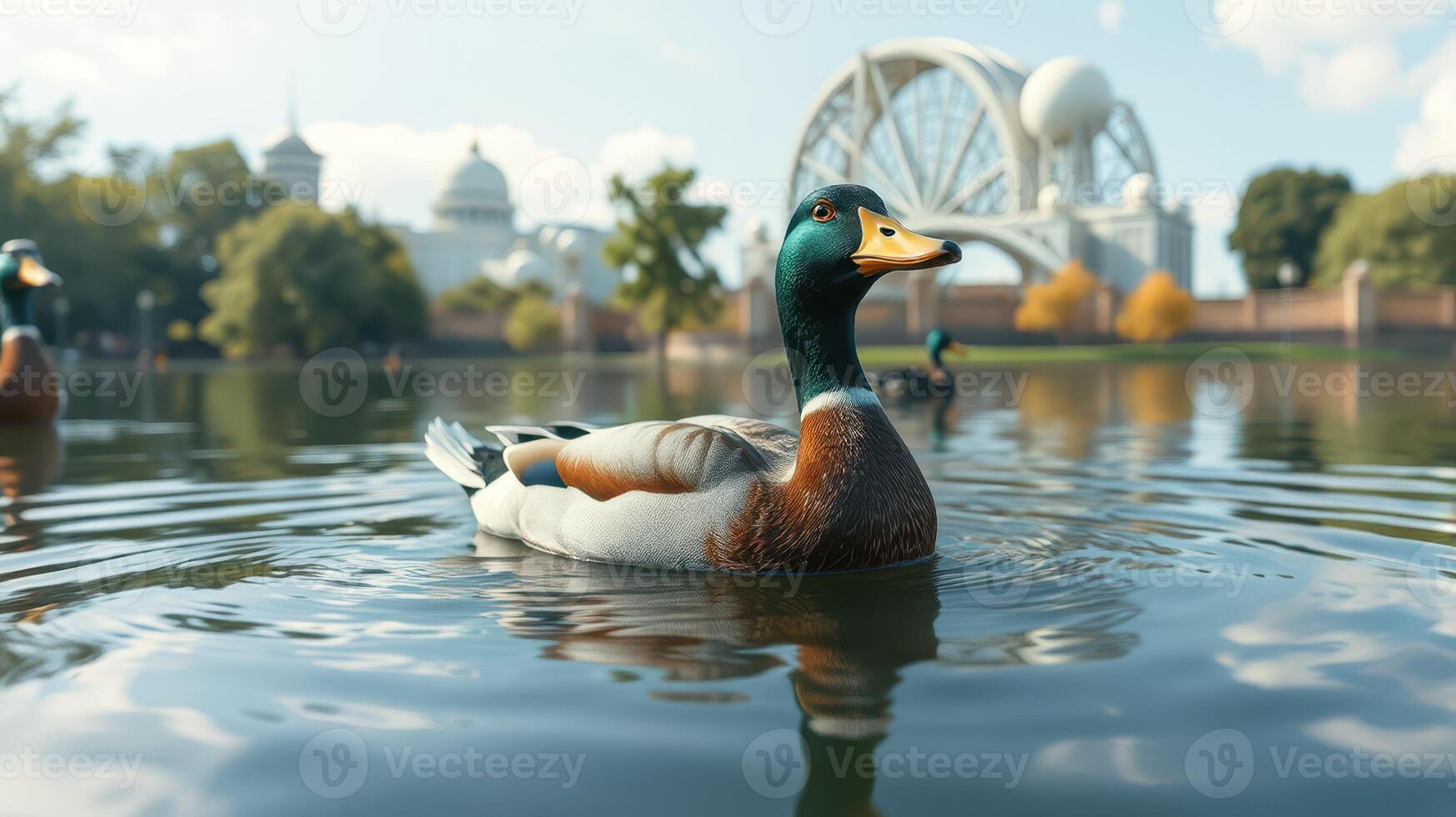 Duck swimming gracefully in a serene pond with a historic bridge in the background on a sunny day photo