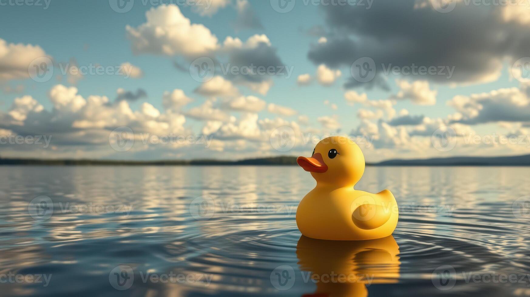 Colorful rubber duck floating serenely on calm water under a cloudy sky during late afternoon photo