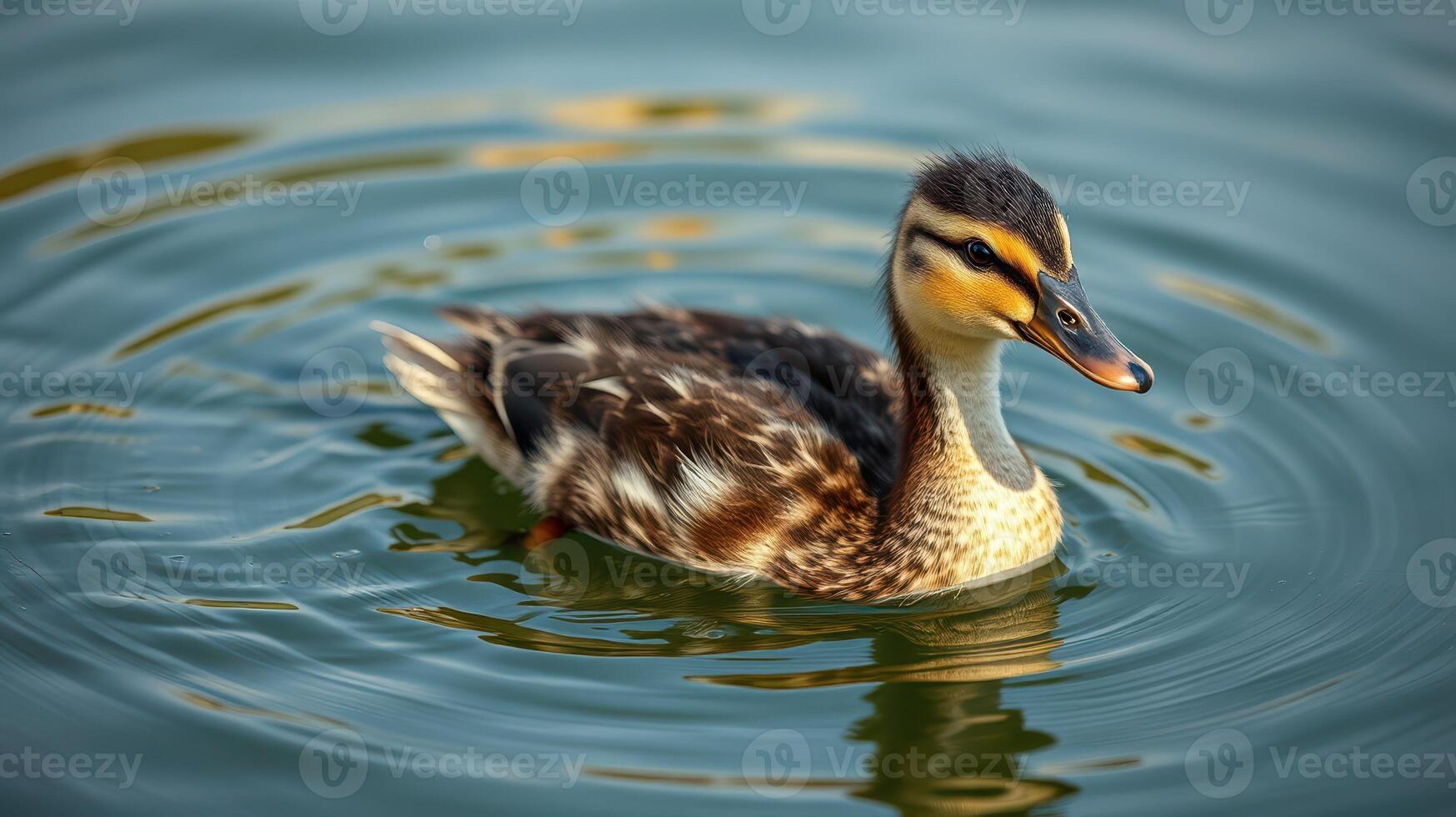 Duck swims gracefully in a calm pond, showing ripples in the water during a warm afternoon photo