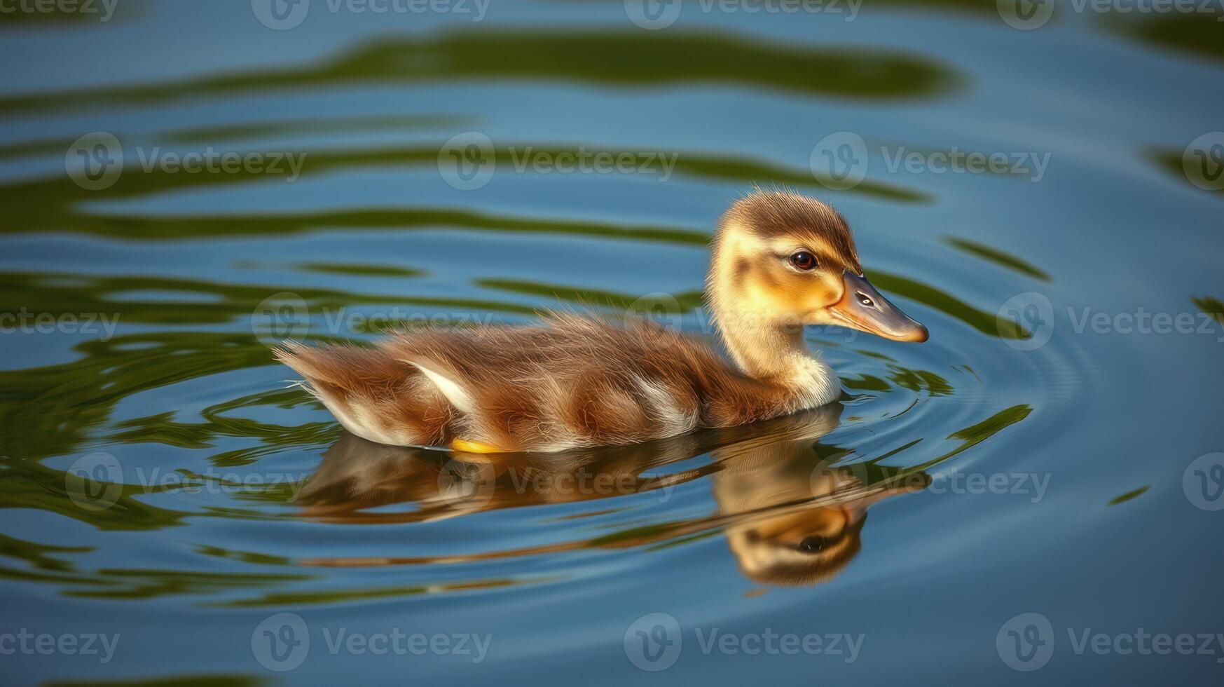 Duckling swimming gracefully in calm waters surrounded by ripples during a sunny day photo