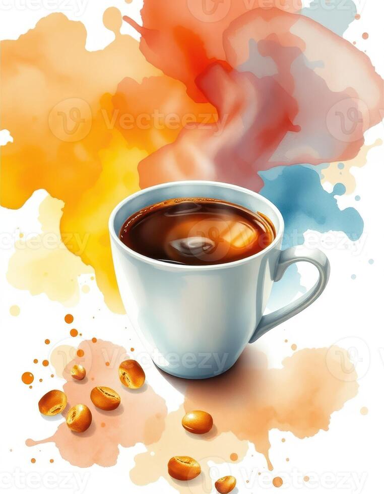 Warm cup of coffee surrounded by vibrant colors of coffee beans and abstract splashes photo