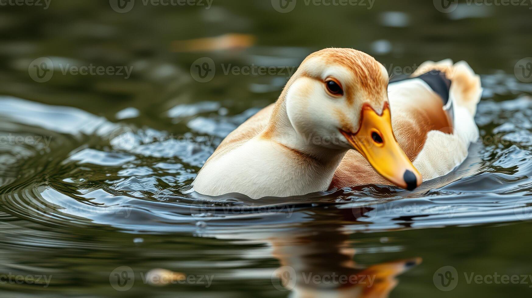 Duck swimming gracefully on a peaceful pond surrounded by lush greenery during a bright sunny day photo