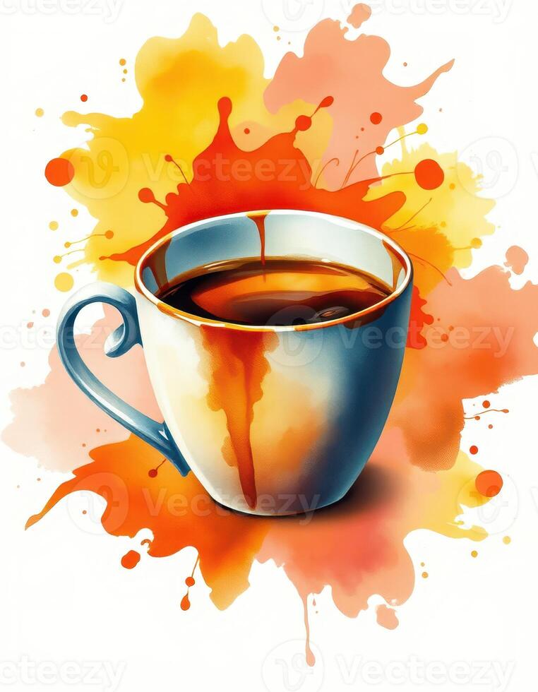 Creative coffee cup art with vibrant splashes showcasing a rich brew and colorful background photo