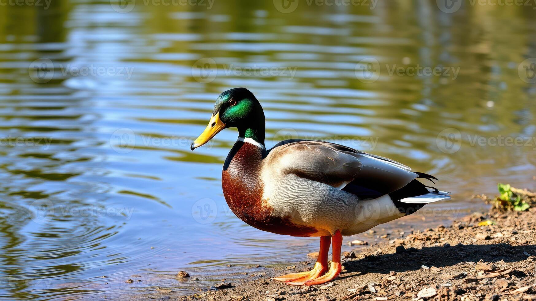Male mallard duck standing by a calm pond in bright sunlight during the afternoon photo
