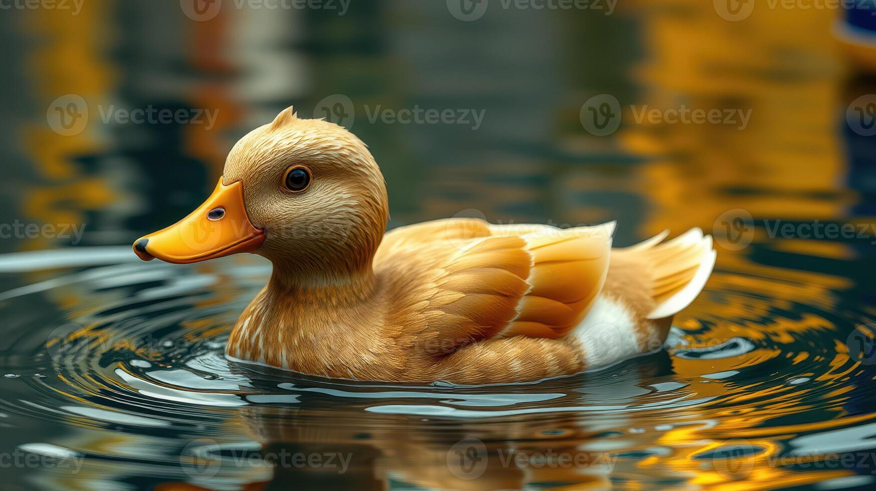 Yellow duck gliding on a tranquil pond surrounded by lush greenery in the late afternoon light photo