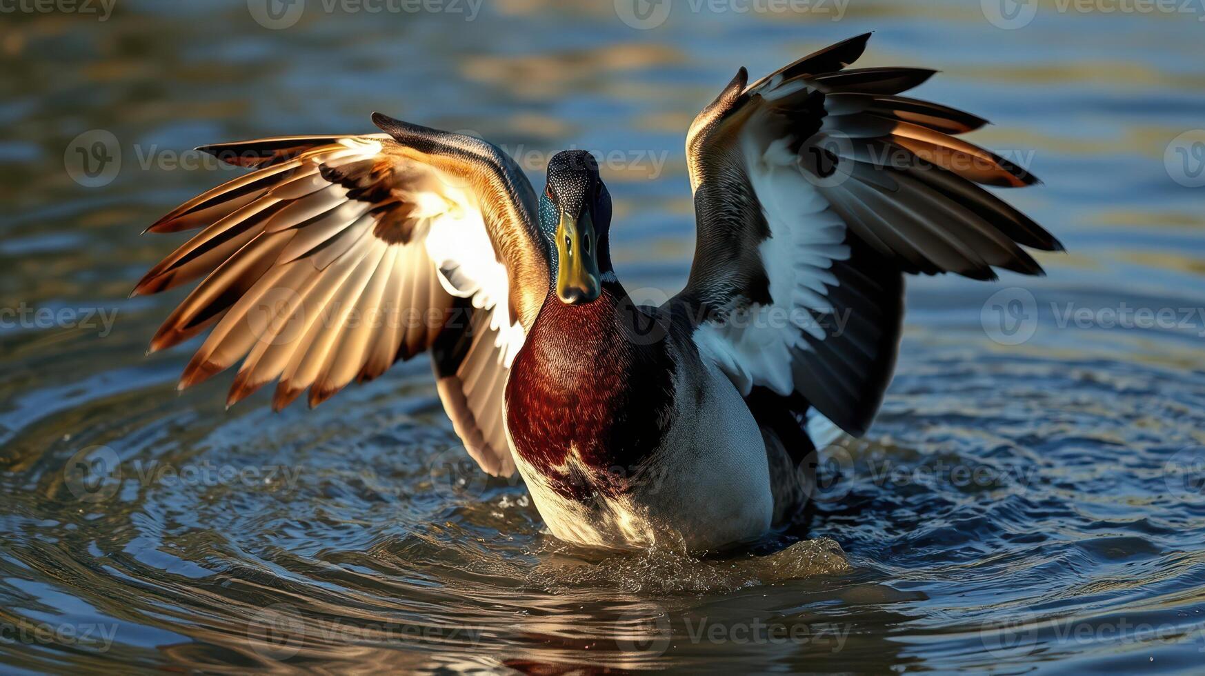 Duck spreads its wings while swimming in a tranquil pond during sunset photo