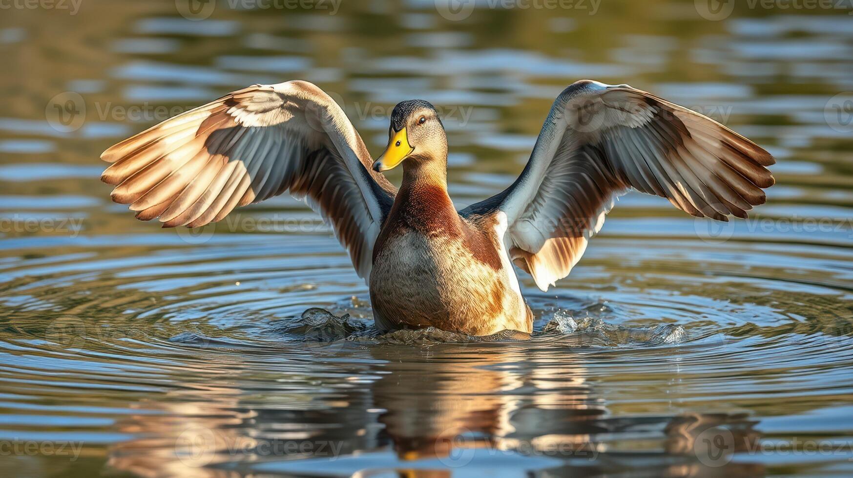 Mallard duck spreading wings on a calm pond during late afternoon photo