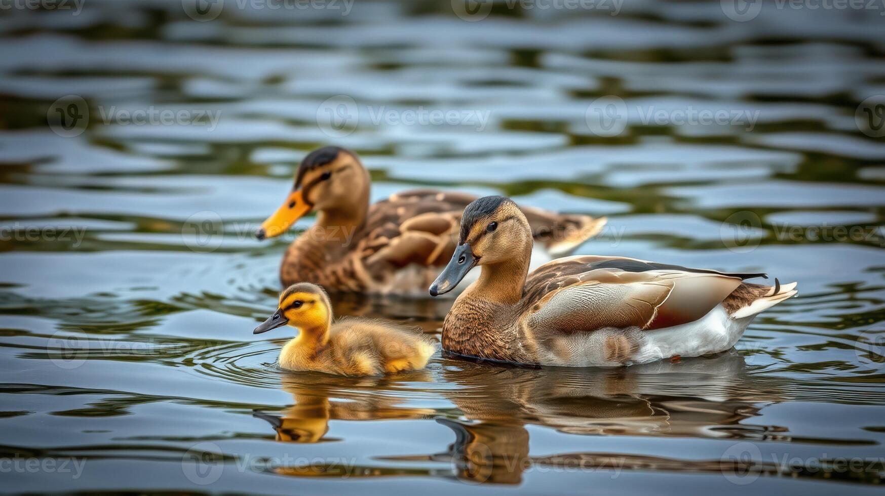 Family of ducks swimming peacefully in a pond during a calm afternoon photo