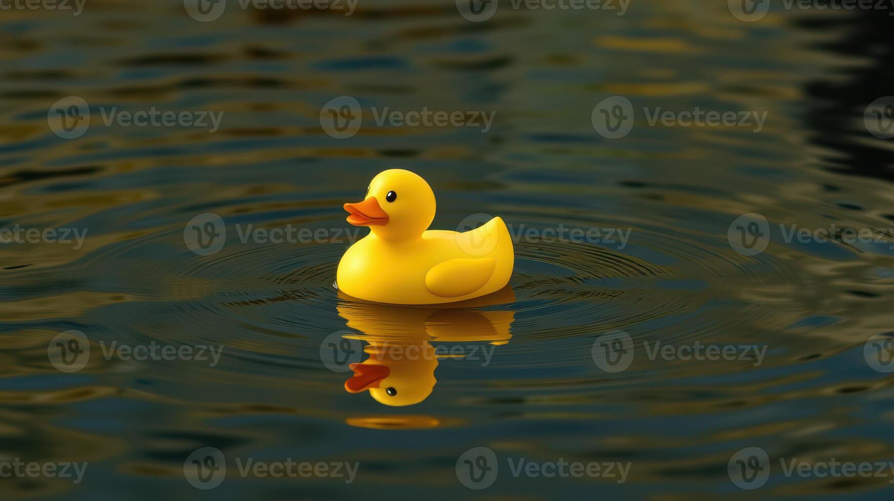 Bright yellow rubber duck drifting serenely on dark water surface with gentle ripples in quiet surroundings photo