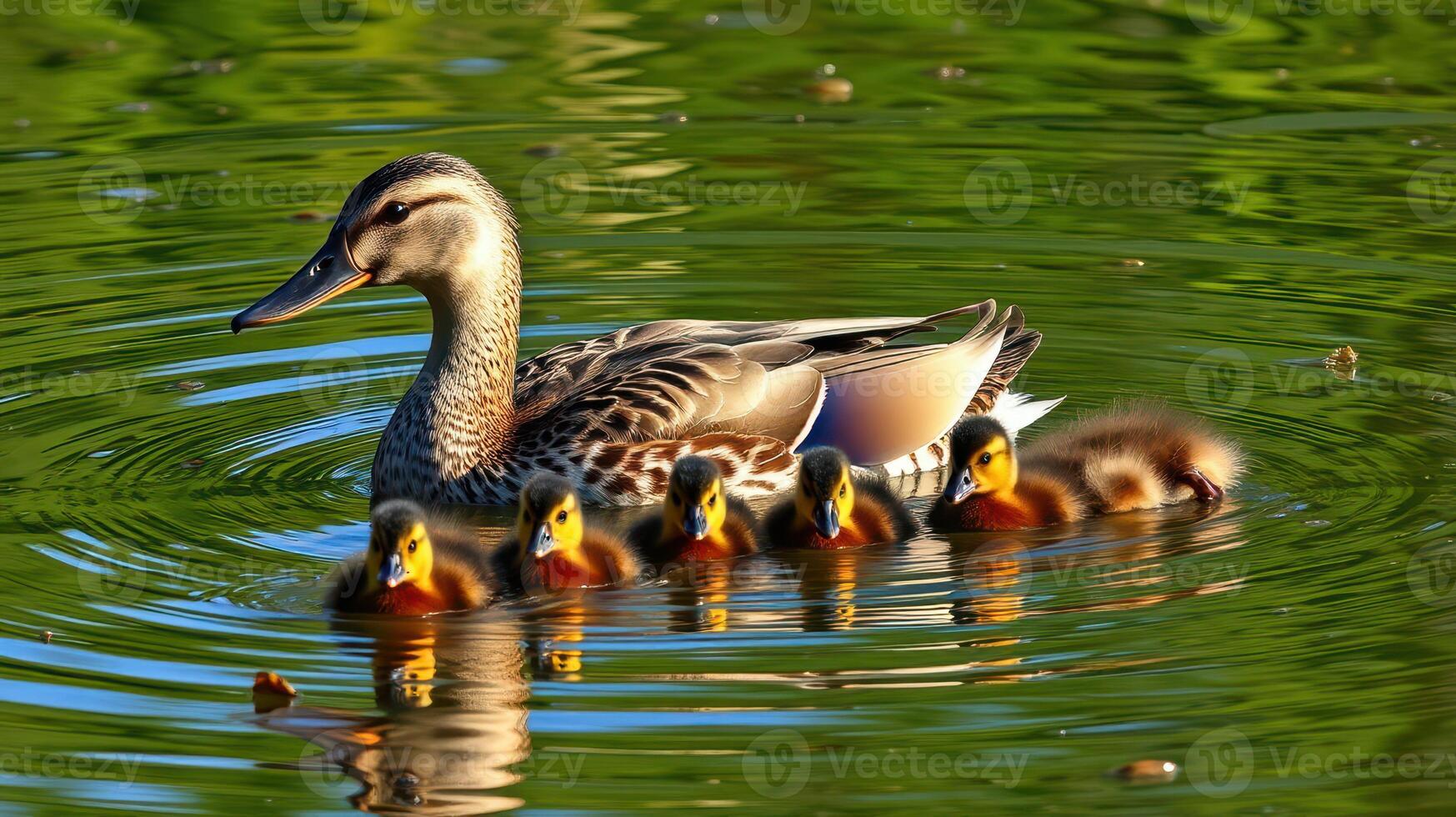 Mother duck swimming peacefully with her six ducklings in a serene pond surrounded by lush greenery photo