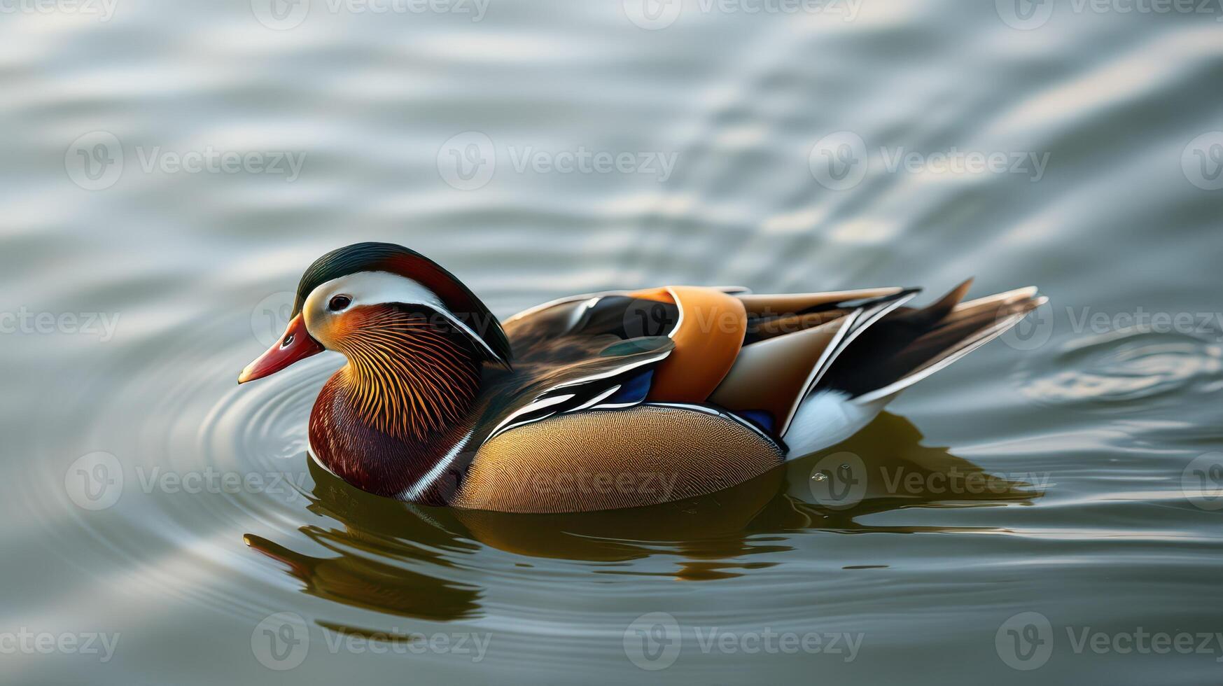 Colorful mandarin duck swimming gracefully in a serene lake during the golden hour photo