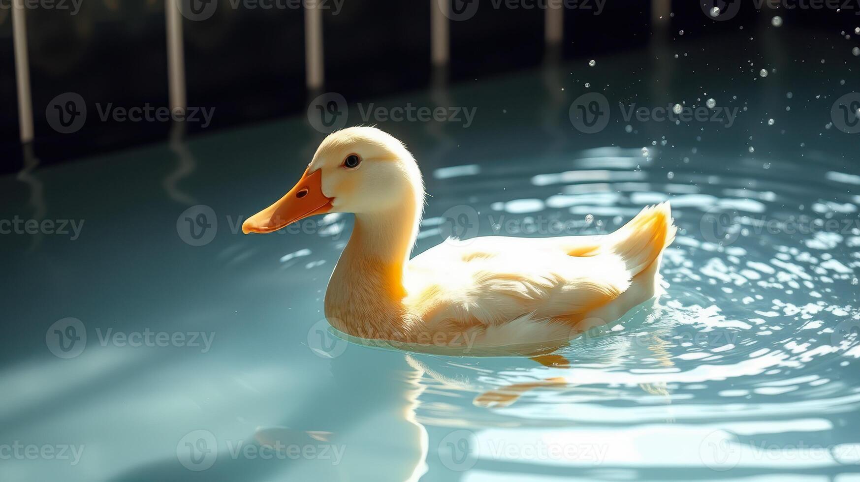A quiet duck swims gracefully in a serene indoor pool during daylight hours photo
