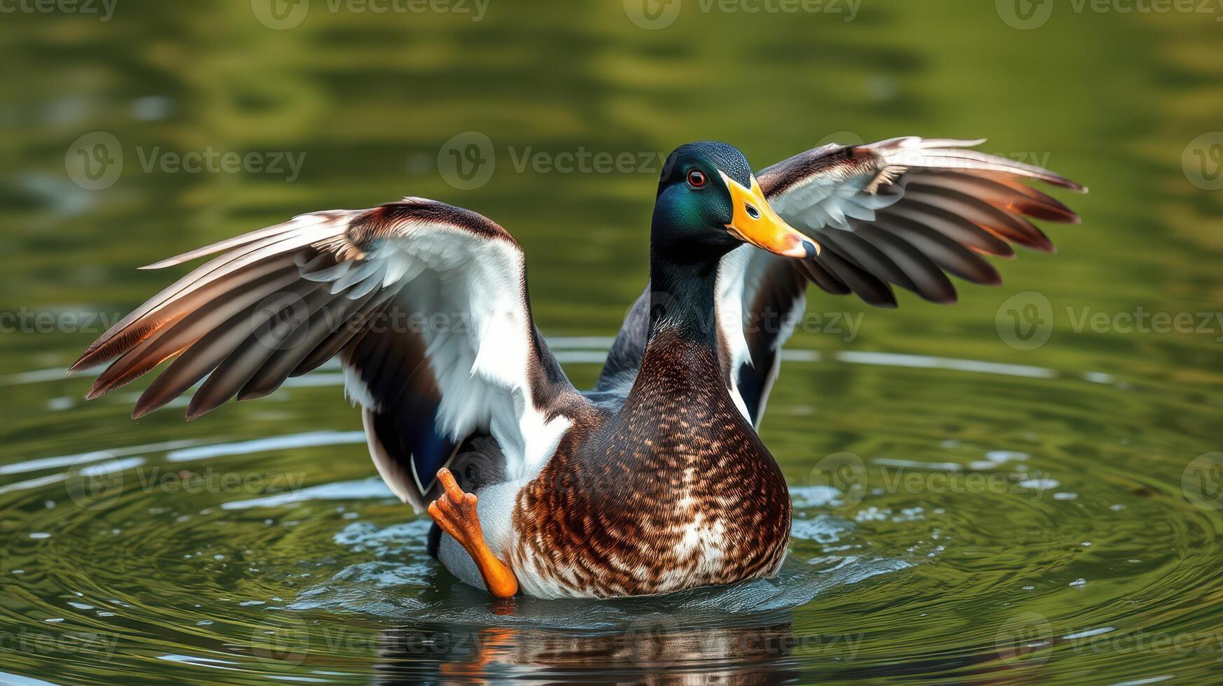 Duck flaps wings while swimming in a tranquil lake surrounded by lush greenery photo