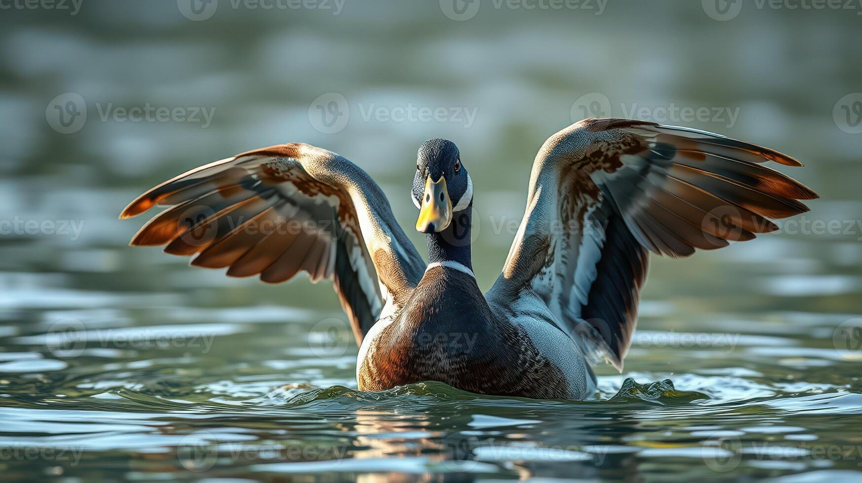 Bird displaying its wings while swimming in a serene lake during golden hour photo