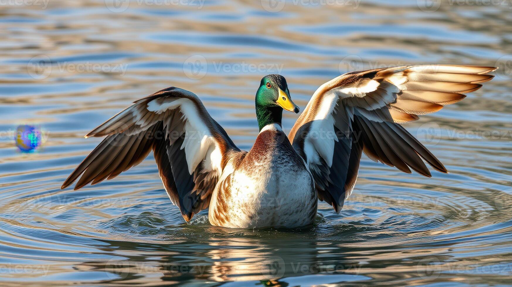 Mallard duck flapping wings and creating ripples in calm water during sunset photo