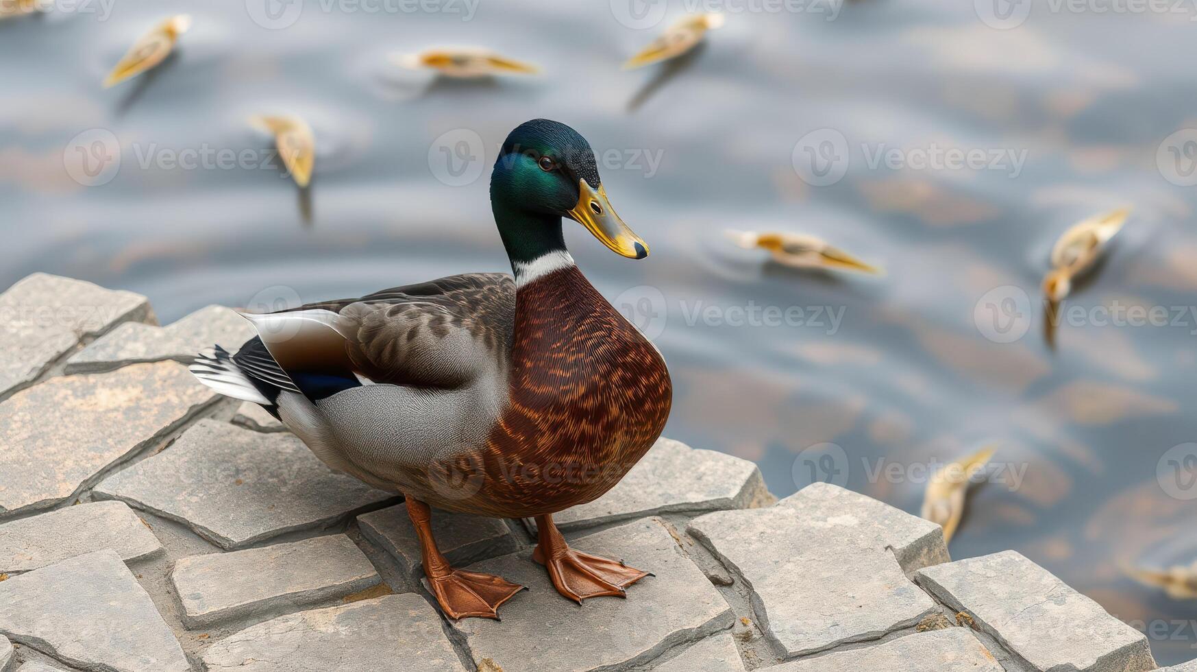 Beautiful mallard duck resting near tranquil water during calm afternoon at a scenic park photo