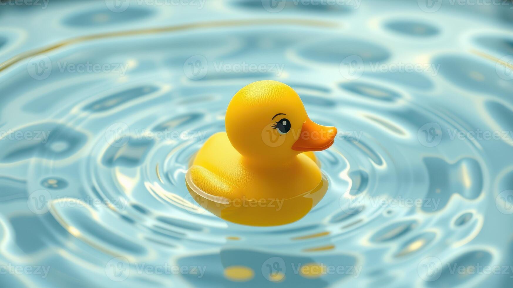 Yellow rubber duck floating peacefully on clear water creating ripples in a calm environment photo